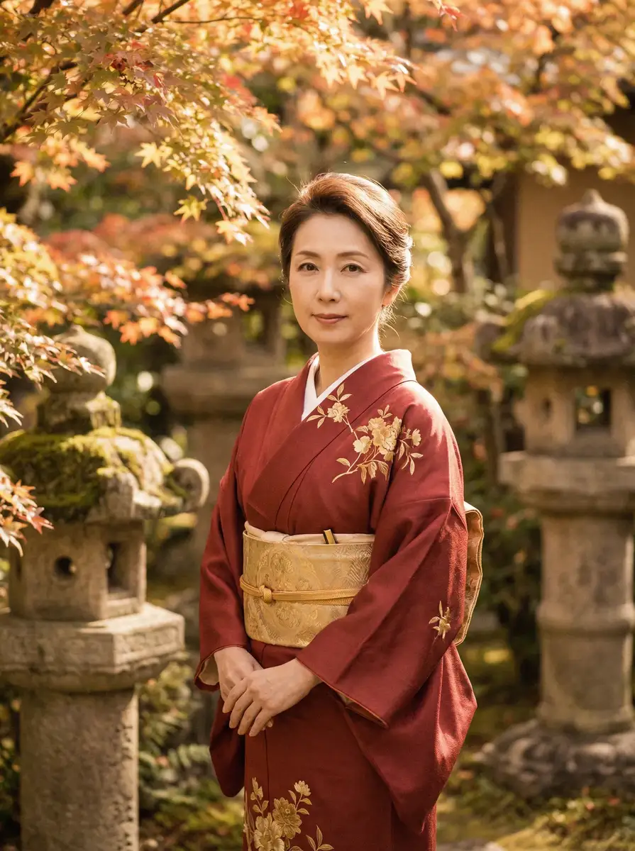 一位身穿暗红色和服的优雅 妩媚婷儿_妩媚婷儿自媒体实时更新~全网独家妩媚婷儿合集 在日式庭院中